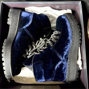 Prada Navy Blue Velvet Platform Ankle Boots New Full Set